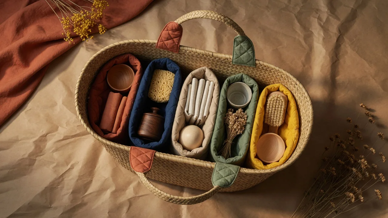 A compact tote with separated generic supplies